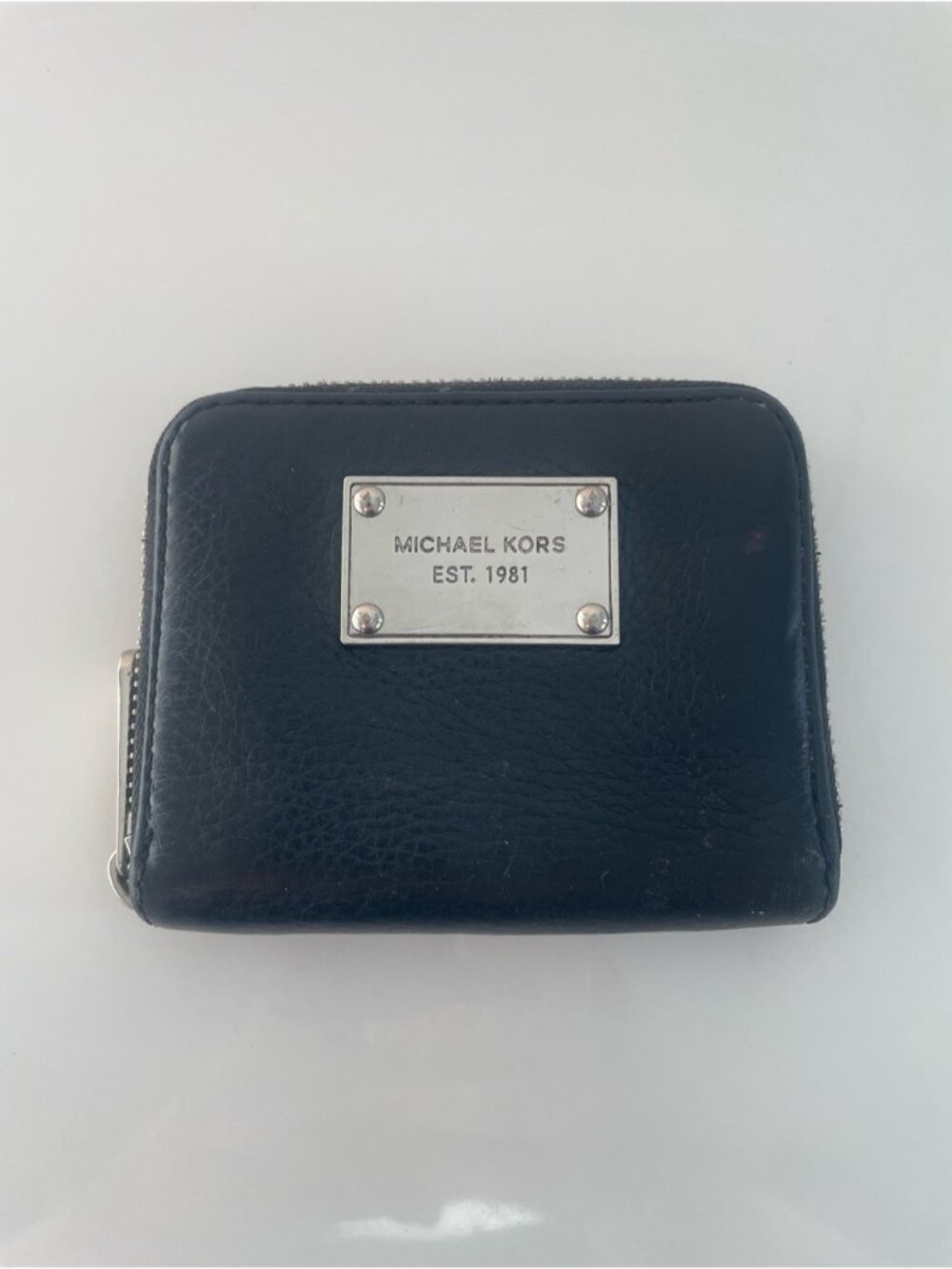 Michael Kors Black Leather Small Zip Wallet with Silver Plaque